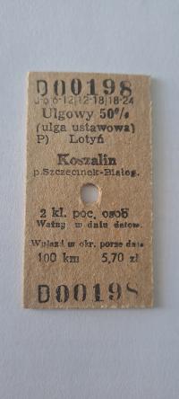 BILET KARTONIKOWY KOLEJOWY PKP LOTYŃ - KOSZALIN / SZCZECINEK / BIAŁOGARD