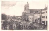 SUWAŁKI ~ Rynek i Kościół ~ Auta ciężarówki konie żołnierze~ 1915 Stempel