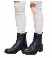 Botki damskie Granatowe Sznurowane ocieplane trapery workery buty 18400