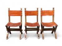 Zestaw 3 dębowych krzeseł vintage, skóra naturalna