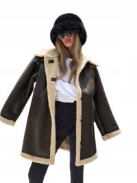 SHEIN BRĄZOWY KOŻUCH Z BEŻOWYM FUTERKIEM I KOŁNIERZEM S 1KA