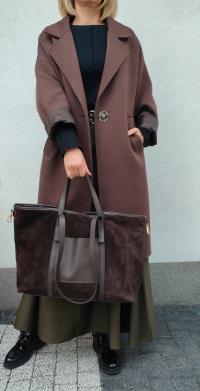 Czekoladowy brązowy MAXI shopper torebka zamsz skóra