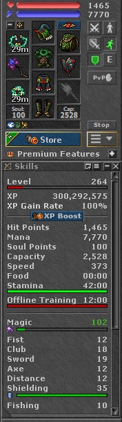 TIBIA 264 MS + 102 MLVL + 5 CHARMÓW + QUESTY + ANTICA + EQ +FREE RK