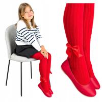 RAJTUZKI dziewczęce CZERWONE rajstopki BAWEŁNIANE ozdobione kokardką 80-86