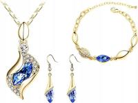 Złoty komplet biżuterii pozłacany 3cz szafirowe łezki granatowe zestaw