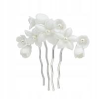 Grzebyk do włosów ozdoba ślubna z kwiatami koralikami srebrna biała