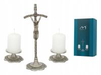 Zestaw kolędowy papieski srebrny patyna Krzyż stojący + świeczniki 18,5 cm
