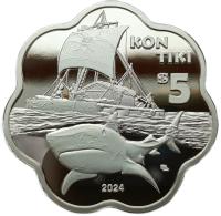 RAROIA POLINEZJA FRANCUSK 5 DOLLARS 2024 ŻAGLOWIEC KONTIKI REKIN 43mm PROOF