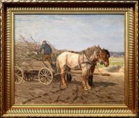 Reinhold NIELSEN (1891-1984) SCENA WIEJSKA Z ZAPRZĘGIEM KONNYM PIĘKNY OBRAZ