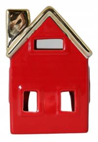 Ceramiczny domek na podgrzewacz czerwony ze złotym dachem 10x8x15cm