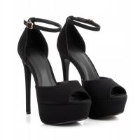 Czarne Buty Sandałki Na Platformie Mega Szpilki 14 Cm Zamsz
