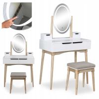 Туалетный столик с зеркалом и деревянным табуретом светодиодное освещение белый косметический