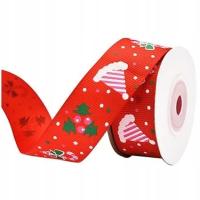 Świąteczna tasiemka czerwona 2,5cm/22m satynowa motywy bożonarodzeniowe