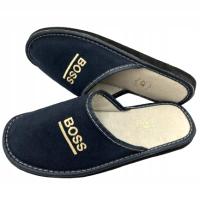 KAPCIE MĘSKIE SKÓRA NATURALNA ZAMSZOWA PANTOFLE KLAPKI GRANATOWE