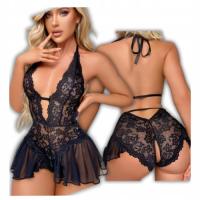 Czarna koronkowa halka z odkrytymi plecami zmysłowa bielizna nocna