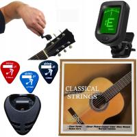 Zestaw Struny Gitary Klasycznej + Korbka + Tuner Stroik + Pudełko +3 Kostki