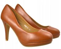 Promocja SKÓRA Czółenka SZPILKI Camel Brązowe r37