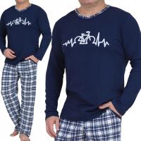 PIŻAMA MĘSKA granatowa z grafiką spodnie w kratę z kieszeniami kratka