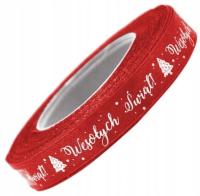 Wstążka Tasiemka satynowa Wesołych Świąt 12mm/22m Czerwona BN-159