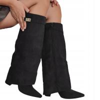 Kozaki damskie zamszowe z szeroką cholewką czarne ZY1212