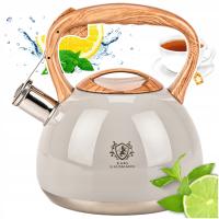 CZAJNIK STALOWY GAZ 3l SZARO KREMOWY z GWIZDKIEM DREWNIANA RĄCZKA INDUKCJA