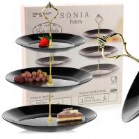 PATERA SZKLANA PIĘTROWA CZARNA NOWOCZESNA NA CIASTO OWOCE 3-POZIOMOWA