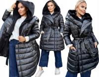 Gruba ciepła zimowa długa wiązana KURTKA damska pikowana kaptur 46 YASMIN