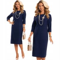 Элегантное классическое формальное платье миди простой круглый вырез темно-синий
