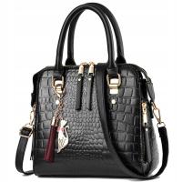 TOREBKA Damska CZARNA EKO Skóra Krokodyla Usztywniana Elegancka Brelok Kot