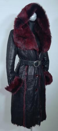 Naturalny kożuch toskan czarny burgund CUDO długi włos jagnięcy kaptur S M