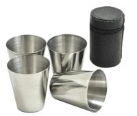 4 KIELISZKI TURYSTYCZNE ZE STALI NIERDZEWNEJ KUBEK 80ml W ETUI Z EKOSKÓRY