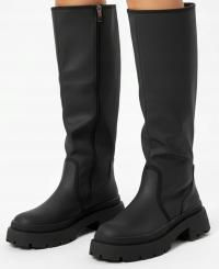 9158 CZARNE SKÓRZANE KOZAKI NA ZAMEK DAMSKIE NA PLATFORMIE