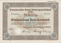 Szczecin Stettin Akcja Aktie Pommersche Bank Aktiengeselschaft 100 RM 1933