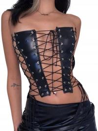 skórzany damski top erotyczna bluzka imprezowa gorset czarny orange rozm m