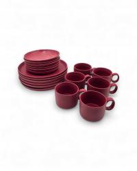 Zestaw kamionkowy vintage PRL bordowy kubki spodki talerzyki deserowe retro