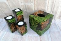 Chustecznik pojemnik + 3 świeczniki liście tropikalne zielone prezent