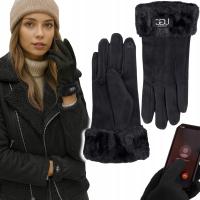 zimowe RĘKAWICZKI damskie CIEPŁE Z FUTERKIEM ocieplane DOTYKOWE do telefonu