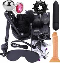 Zestaw BDSM Uprząż Kajdanki Wibrator Korek Analny Dildo Gadżety Erotyczne