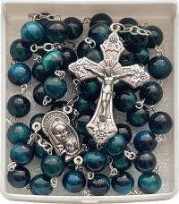 ТИГРОВЫЙ ГЛАЗ БИРЮЗОВЫЙ НАТУРАЛЬНЫЙ КАМЕНЬ БОГОМАТЕРЬ С МЛАДЕНЦЕМ ЧЕТКИ