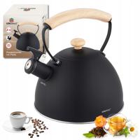 Czajnik KINGHoff 2,5L czarny z gwizdkiem indukcja Gaz Rączka drewno stal
