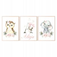Набор из 3 плакатов A4 животные цветы имя ребенка