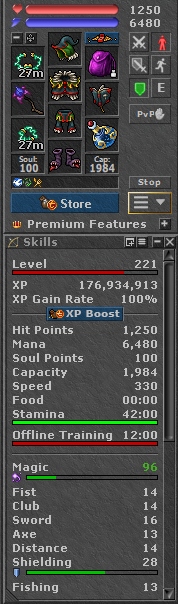 TIBIA 221 MS + 96 MLVL + QUESTY + BONA + EQ + FREE RK