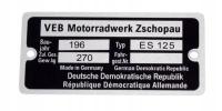 Tabliczka znamionowa MZ ES 125 Niemiecka
