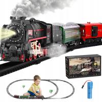 ZESTAW KOLEJKI POCIĄG PAROWY NA CHOINKĘ 4 WAGONY TORY DŹWIĘKI ŚWIATŁA DYM