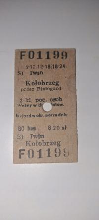 BILET KARTONIKOWY KOLEJOWY PKP IWIN - KOŁOBRZEG / BIAŁOGARD