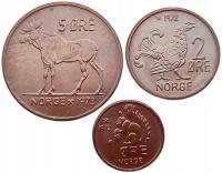Норвегия набор из 3 монет 1, 2, 5 руды 1972-1973 животные лось курица aUNC