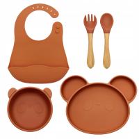 Силиконовый набор посуды, тарелка чаша нагрудник столовые приборы бамбук, оранжевый