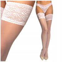 Pończochy samonośne gładkie damskie z koronką białe ślubne włoskie 20 den