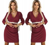 Bordowa Damska SUKIENKA Marszczona Kopertowy Dekolt Elegancka