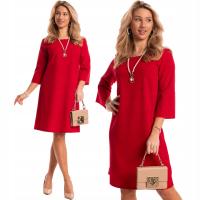 Elegancka Klasyczna SUKIENKA Midi Z Ozdobnymi Rękawami Falbany Czerwień